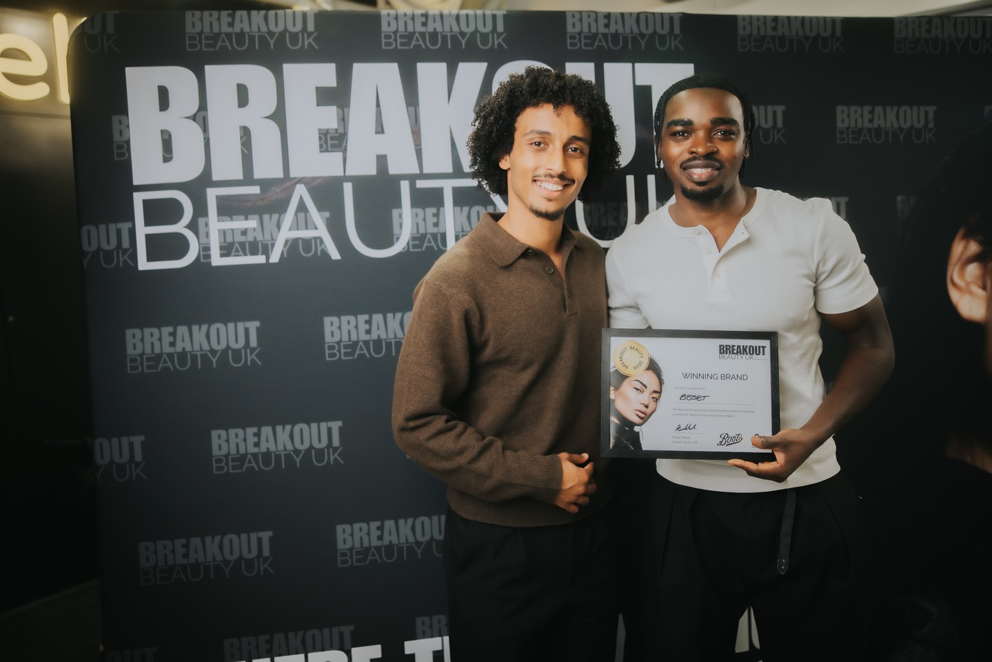 Mo and Ibrahim collecting the BSSET Winning Brand award at Breakout Beauty UK 2026